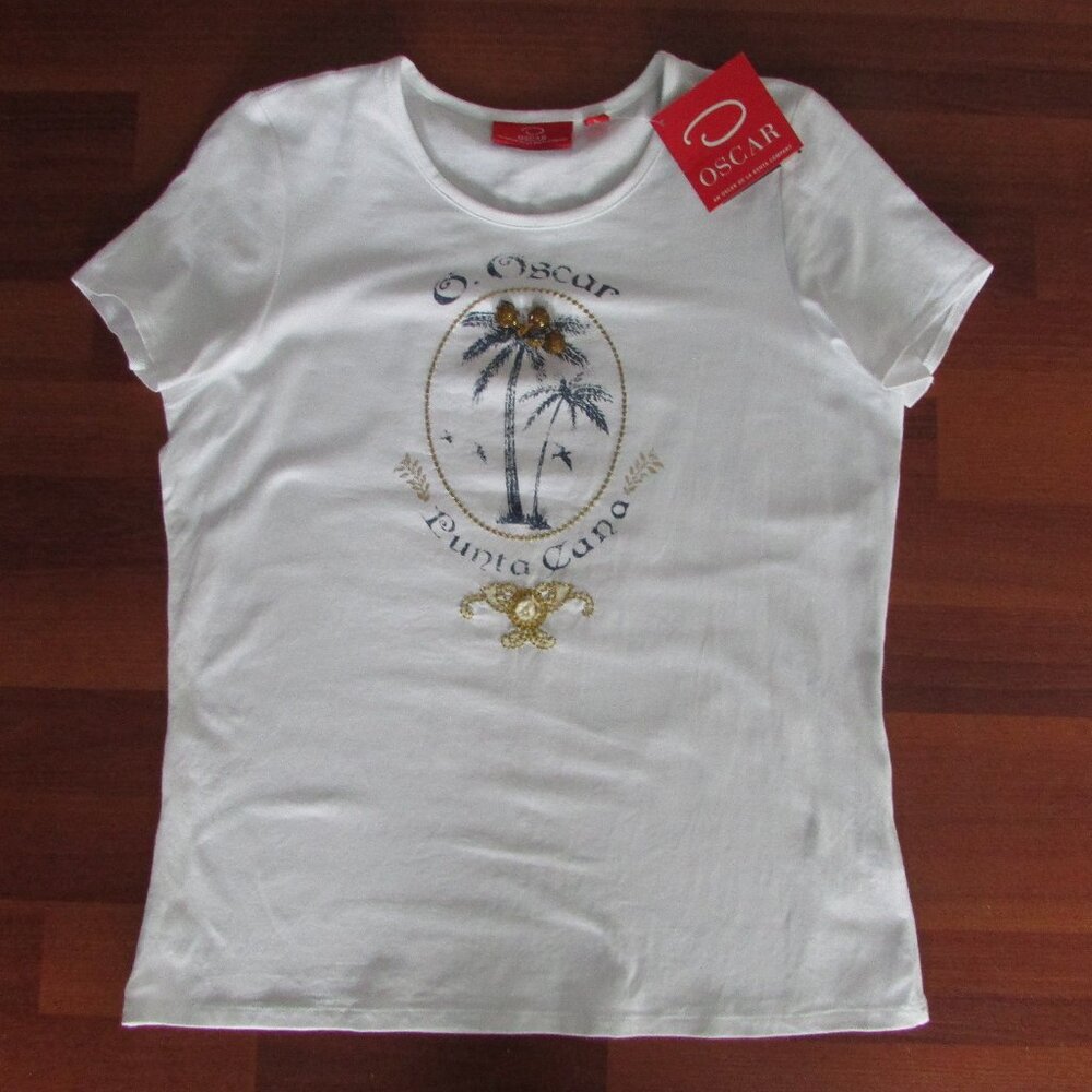 Oscar de la Renta White Beaded Punta Cana T-Shirt - Med - NEW